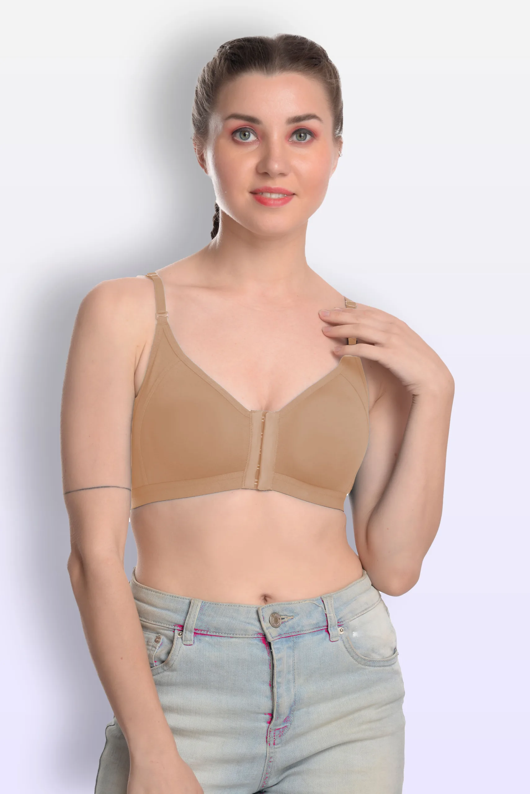 Front Open Bra Non-Padded Non-Wired - Beige - Clothonics